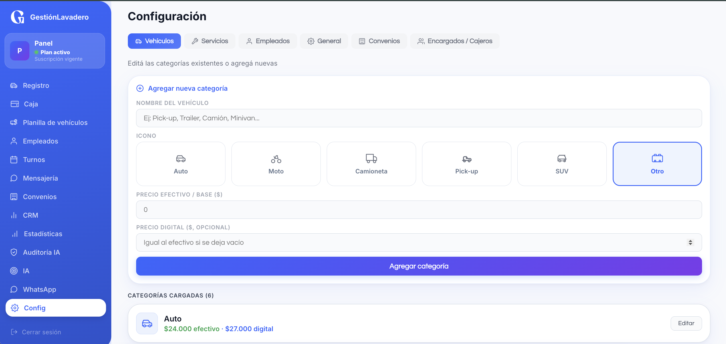 Configuración de servicios y categorías