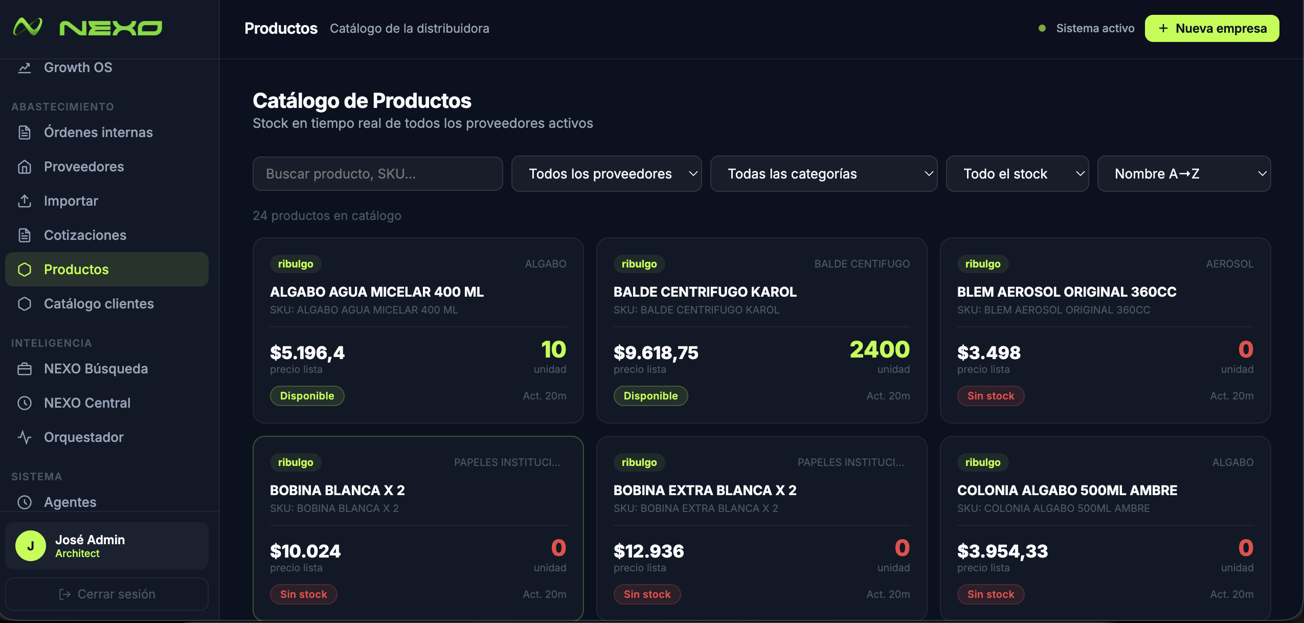 Stock de proveedores de NEXO